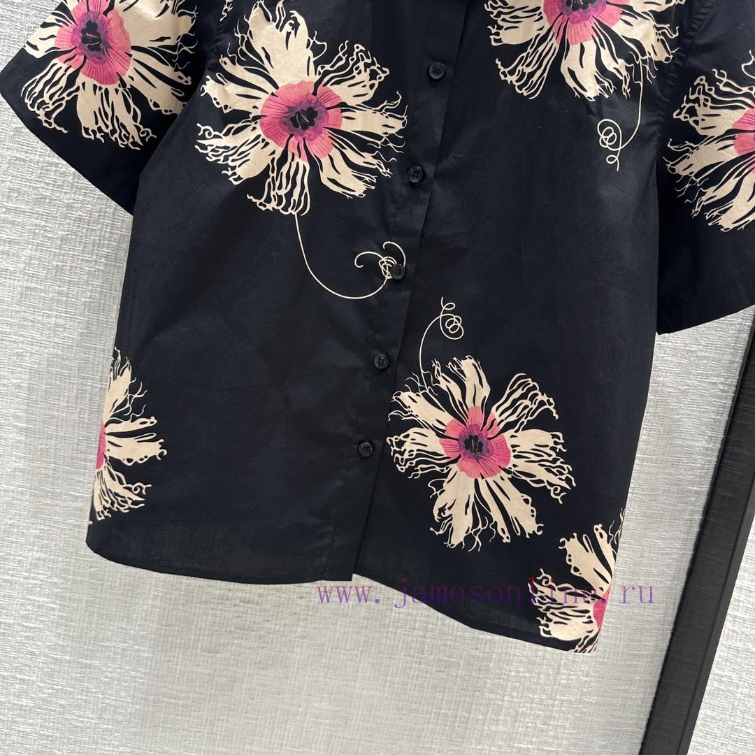 Highly Recommended BT67991 Prada 24 New Product Black Floral Print Short Sleeved Shirt Summer R g4yj9pi4 - Image 6