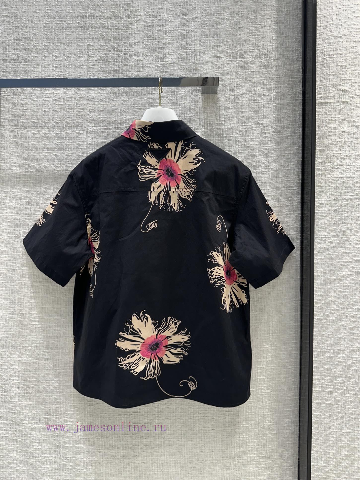 Highly Recommended BT67991 Prada 24 New Product Black Floral Print Short Sleeved Shirt Summer R g4yj9pi4 - Image 9