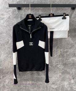 ZT59261 Chanel 24N Coco Chanel Neige Ski Series Color Blocked Diamond Button Zipper Knitted Hoo 0zhzqcjc