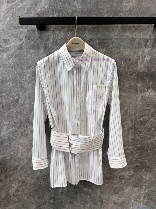 ZC60216 Burberry 25Ss Early Spring New White Striped Wide Waist Waist Long Sleeve Shirt | Produ 18o35dsn