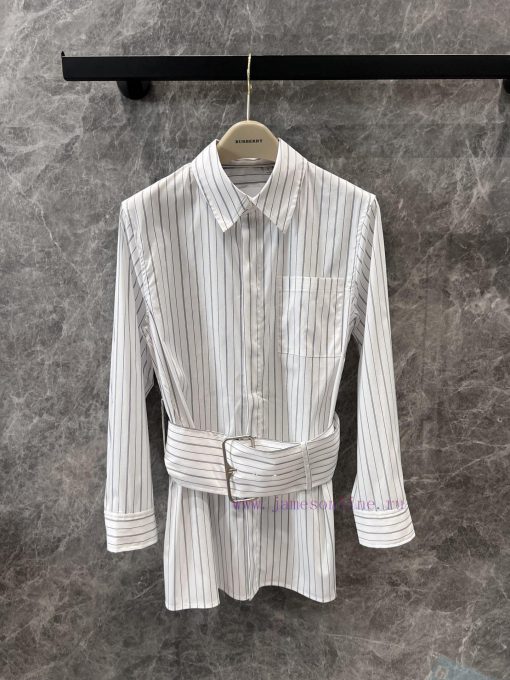ZC60216 Burberry 25Ss Early Spring New White Striped Wide Waist Waist Long Sleeve Shirt | Produ 18o35dsn - Image 2