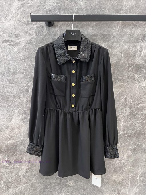 ZL60222 Celine 25Ss Early Spring New Bead Collar Dress | Produced Handmade Bead Sewing Wrinkle j3g50i4g