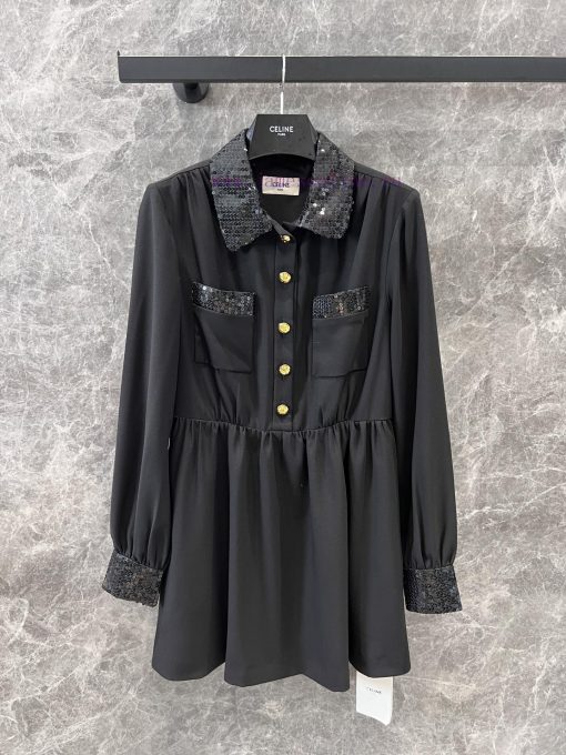 ZL60222 Celine 25Ss Early Spring New Bead Collar Dress | Produced Handmade Bead Sewing Wrinkle j3g50i4g - Image 2
