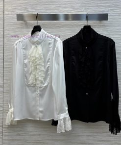 CC75519 Chanel 25 Early Spring New Collection Lace Lace Splicing Silk Shirt Super Fairy Style S 90sa1yw0