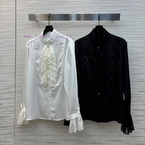 CC75519 Chanel 25 Early Spring New Collection Lace Lace Splicing Silk Shirt Super Fairy Style S 90sa1yw0