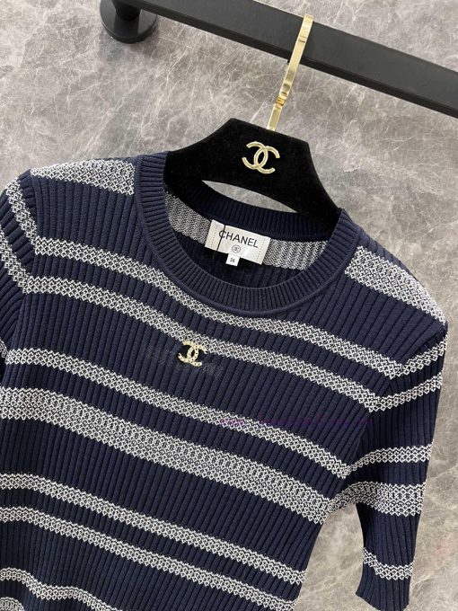 ZT60226 Chanel 25Ss Spring/Summer New Color Contrast Stripe Knitted Short Sleeve Top | Produced r2x3pbfq - Image 4