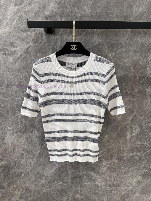 ZT60226 Chanel 25Ss Spring/Summer New Color Contrast Stripe Knitted Short Sleeve Top | Produced adsof66b - Image 2