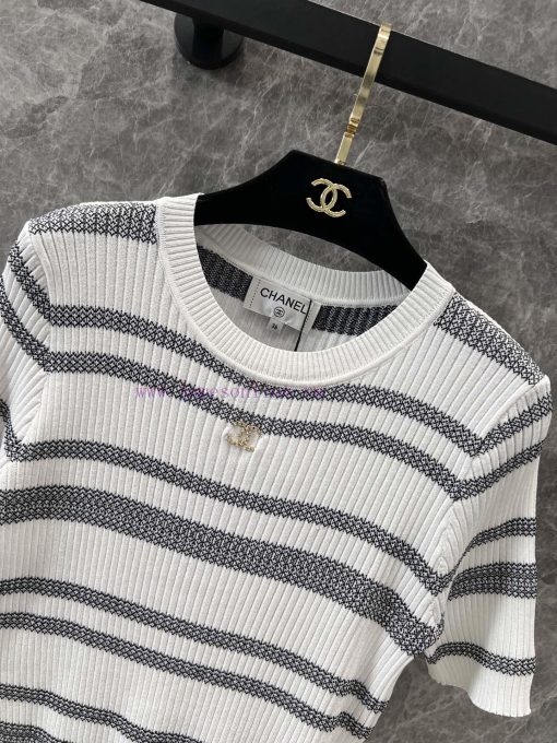 ZT60226 Chanel 25Ss Spring/Summer New Color Contrast Stripe Knitted Short Sleeve Top | Produced adsof66b - Image 4