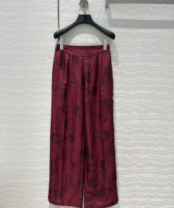 AK70852 H Bordeaux Red Chain Rope Printed Silk Straight Leg Wide Leg Pants 100% Silk Twill Text da8xkl24
