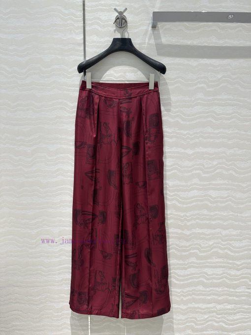AK70852 H Bordeaux Red Chain Rope Printed Silk Straight Leg Wide Leg Pants 100% Silk Twill Text da8xkl24 - Image 2