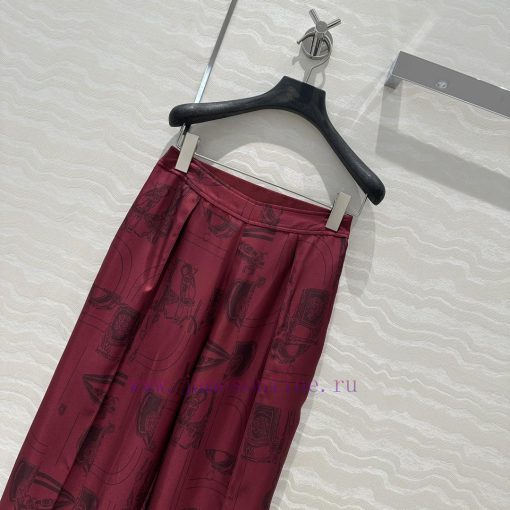 AK70852 H Bordeaux Red Chain Rope Printed Silk Straight Leg Wide Leg Pants 100% Silk Twill Text da8xkl24 - Image 3
