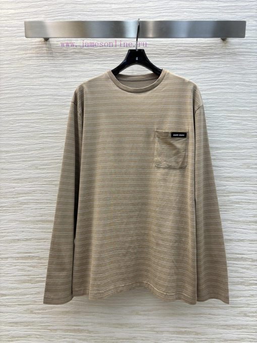 CT75610 Miu Miu 25 Early Spring New Item Single Pocket Striped Long Sleeved T-shirt With Embroi ypo00gt1
