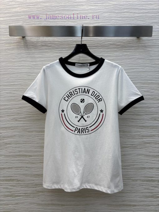 CT75613 Dior 25 Early Spring New Color Blocked Edge Tennis Racket Print Short Sleeved Round Nec 48t4f4wd