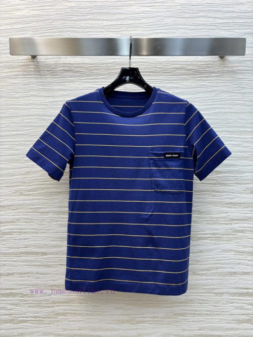 CT75672 Miu Miu 25 Early Spring New Item Single Pocket Striped Short Sleeved T-shirt With Embro u5s7ggne - Image 2