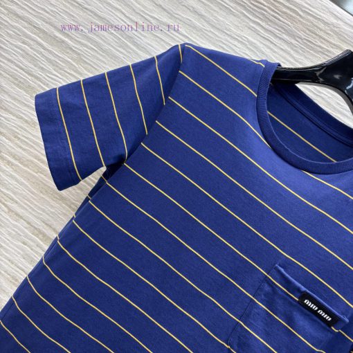 CT75672 Miu Miu 25 Early Spring New Item Single Pocket Striped Short Sleeved T-shirt With Embro u5s7ggne - Image 4