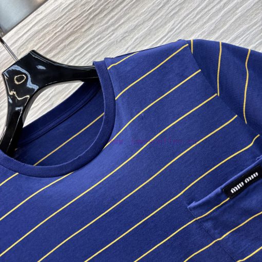 CT75672 Miu Miu 25 Early Spring New Item Single Pocket Striped Short Sleeved T-shirt With Embro u5s7ggne - Image 5