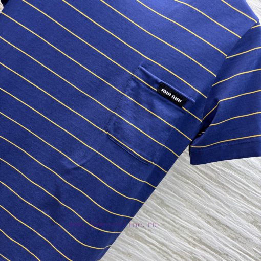 CT75672 Miu Miu 25 Early Spring New Item Single Pocket Striped Short Sleeved T-shirt With Embro u5s7ggne - Image 8