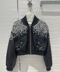 High End AW70579 Heavy Industry Customized Imported Czech Diamond Crystal Genuine Leather Jacke 5kqzt7a3