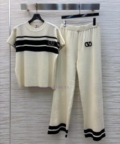 CT75702 Valentino Contrast Embroidered Casual Knitted Set Round Neck Loose Short Sleeve Top Wit hrq2n603