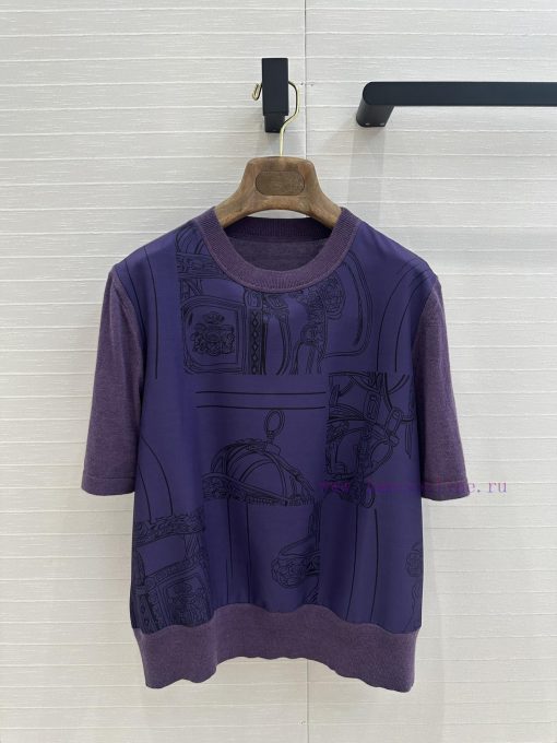 BT75706 Hermes 25 Early Spring New Product Bordeaux Red Rope Printed Splicing Knitted Top Tempe nbh9t6j9