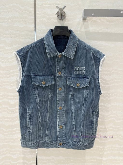 AW73001 Miu Miu Fashionable Girl Wear Special Denim Corduroy Retro Washed Craft Vest Coat Can B a0uom5bd - Image 2