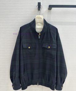 BW72683 Miu Miu Girls' Dress Up Retro College Style Green Grid Off Shoulder Jacket Jacket Work nsh961af