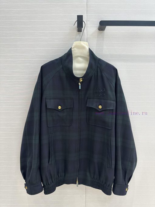 BW72683 Miu Miu Girls' Dress Up Retro College Style Green Grid Off Shoulder Jacket Jacket Work nsh961af - Image 2