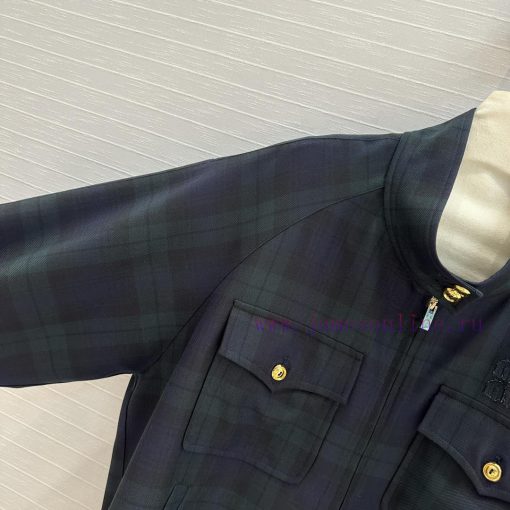 BW72683 Miu Miu Girls' Dress Up Retro College Style Green Grid Off Shoulder Jacket Jacket Work nsh961af - Image 4
