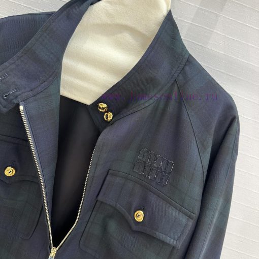 BW72683 Miu Miu Girls' Dress Up Retro College Style Green Grid Off Shoulder Jacket Jacket Work nsh961af - Image 5