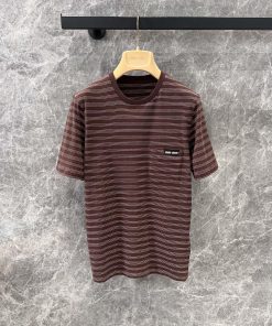 ZT59920 Miumi * 25Ss Early Spring New Simple Versatile Contrast Color Stripe Round Neck Short S zigseaek