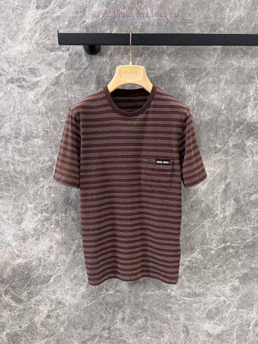 ZT59920 Miumi * 25Ss Early Spring New Simple Versatile Contrast Color Stripe Round Neck Short S zigseaek