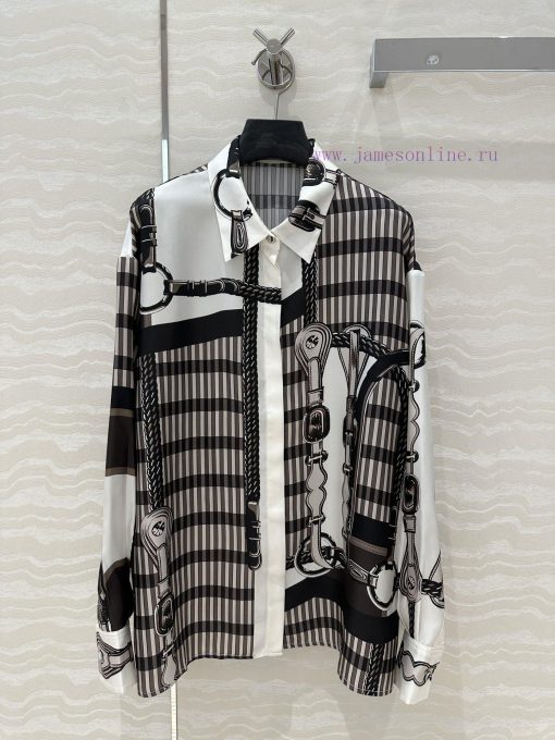 AC73367 H Saddle Leather Buckle Printed Silk Shirt With 100% Silk Twill Texture Superb Temperam oo453tk5 - Image 2
