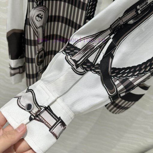 AC73367 H Saddle Leather Buckle Printed Silk Shirt With 100% Silk Twill Texture Superb Temperam oo453tk5 - Image 8