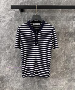 ZT60337 Dior 25Ss Spring/Summer New Product Linen Tencel Seed Yarn Navy Style Stripe Round Neck c3k954w1