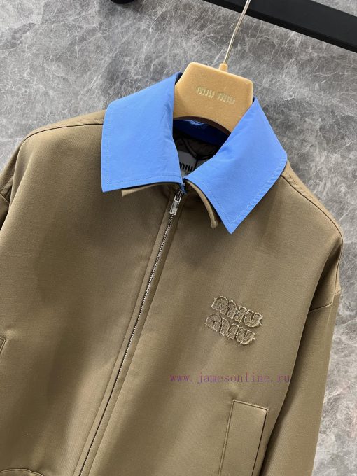 ZW60339 Miu Miu 25Ss Early Spring New Retro Casual Chest Letter Color Blocked Lapel Short Jacke w8wo1nlh - Image 5