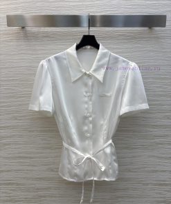 CC75815 Prada 25 Spring/Summer New Collection Collar Short Sleeved Pleated Shirt Pure White Hig lqizhbtj