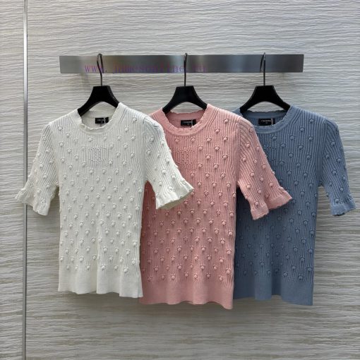 CT75818 Chanel 25 New Item Three-dimensional Pattern Knitted Short Sleeved Knitted Top With Cla 785s0bmg