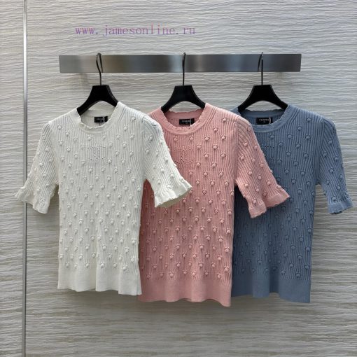CT75818 Chanel 25 New Item Three-dimensional Pattern Knitted Short Sleeved Knitted Top With Cla 785s0bmg - Image 2