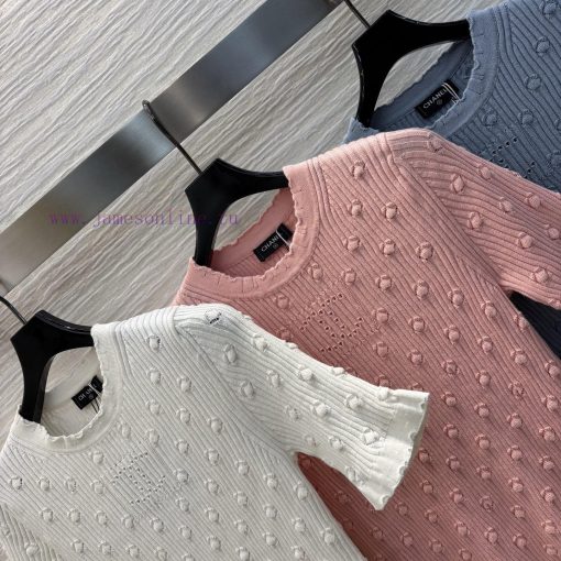 CT75818 Chanel 25 New Item Three-dimensional Pattern Knitted Short Sleeved Knitted Top With Cla 785s0bmg - Image 7