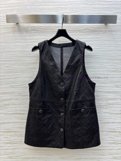 CW75822 Chanel 25 Spring/Summer V-neck Mid Length Lambskin Vest Layered With Artifact Leather V iri64xfi