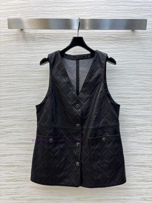 CW75822 Chanel 25 Spring/Summer V-neck Mid Length Lambskin Vest Layered With Artifact Leather V iri64xfi - Image 2