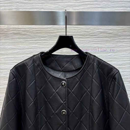 CW75825 Chanel 25 Spring/Summer Diamond Round Neck Leather Jacket With 100% Imported Lambskin B erpao123 - Image 3