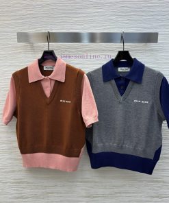 CT75860 Miu Miu 25 Early Spring New Item Fake Two Piece College Style Knitted Short Sleeved Top j1zdi6by