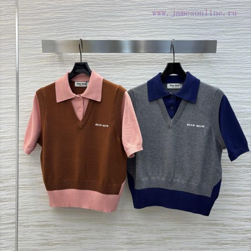 CT75860 Miu Miu 25 Early Spring New Item Fake Two Piece College Style Knitted Short Sleeved Top j1zdi6by - Image 2
