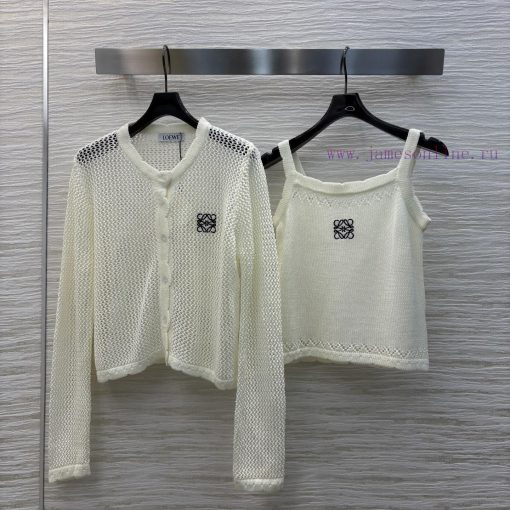 CW75861 Loewe 25 Early Spring New Logo Embroidered Hollow Two Piece Knitted Round Neck Cardigan nsx9noju - Image 2