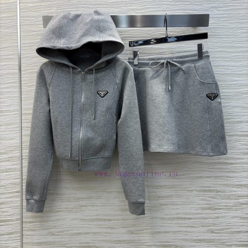 CT75867 Prada 25 Early Spring New Collection Triangle Logo Hoodie Set Hooded Zipper Coat+High W txcaxz6r