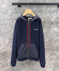 ZW60377 Miu Miu 25Ss Early Spring New Logo Embroidered Hooded Drawstring Jacket Coat | Yb Devel 76yaeo65