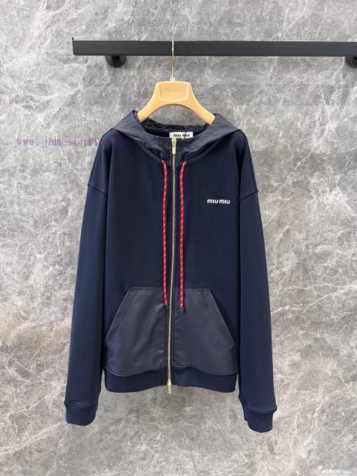 ZW60377 Miu Miu 25Ss Early Spring New Logo Embroidered Hooded Drawstring Jacket Coat | Yb Devel 76yaeo65