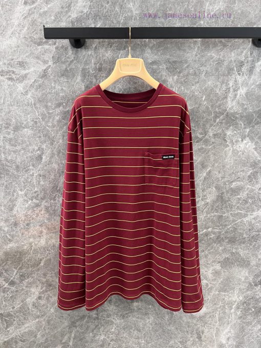 ZT60382 Miu Miu 25Ss Early Spring New Red Brown Striped Long Sleeved Round Neck T-shirt 丨 Yb De 7unpnz6m