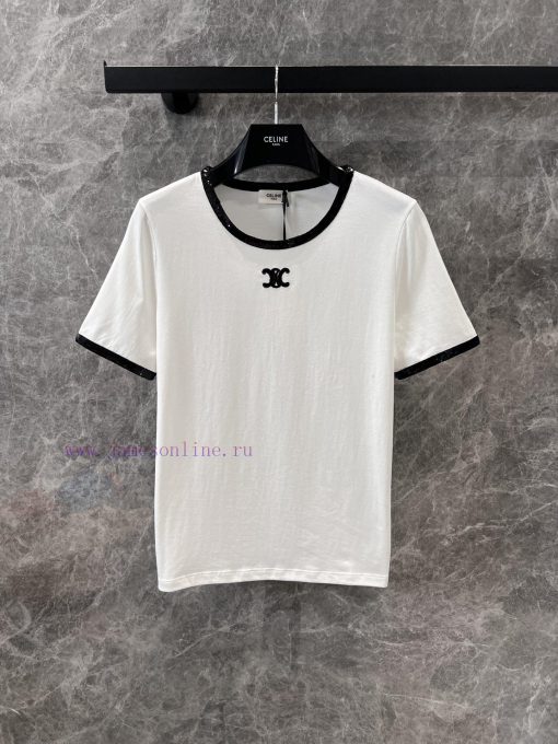 ZT60392 Celine 25Ss Early Spring New Triumphal Arch Embroidered Bead Short Sleeve T-shirt | YB w8qv2knt - Image 2